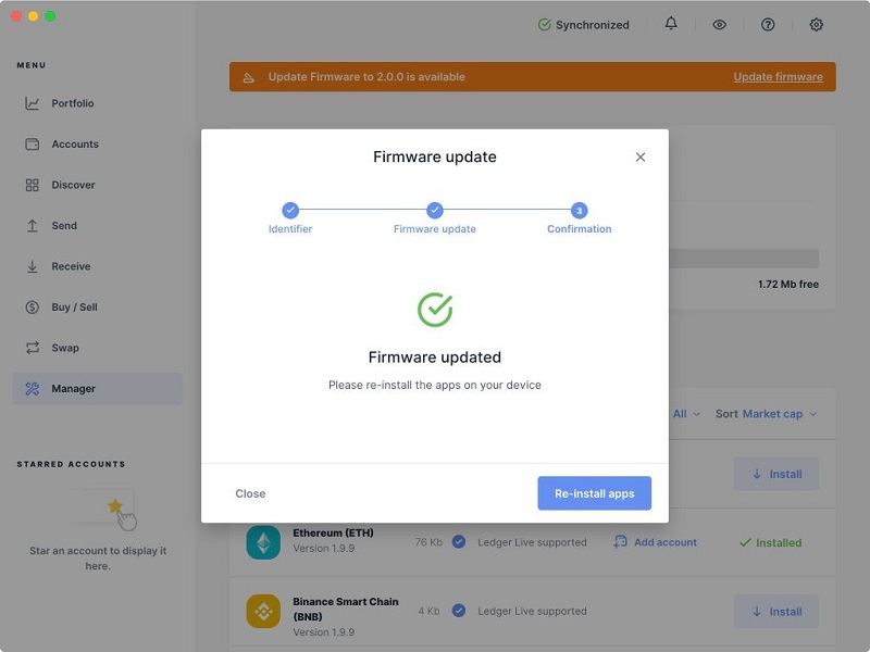 Ledger Live hiển thị th&ocirc;ng b&aacute;o cập nhật th&agrave;nh c&ocirc;ng