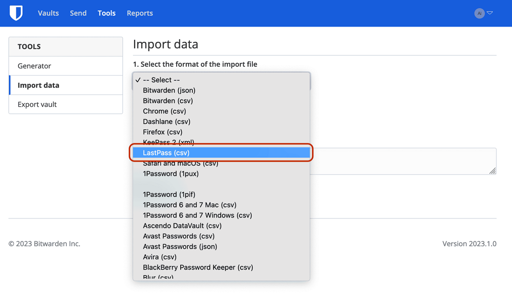 Tại mục File Format chọn LastPass (csv)