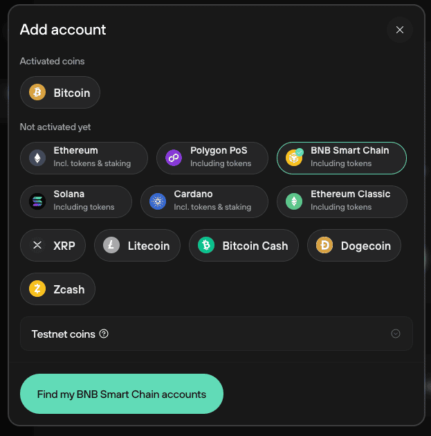 Chọn BNB Smart Chain trong danh s&aacute;ch c&aacute;c blockchain được hỗ trợ