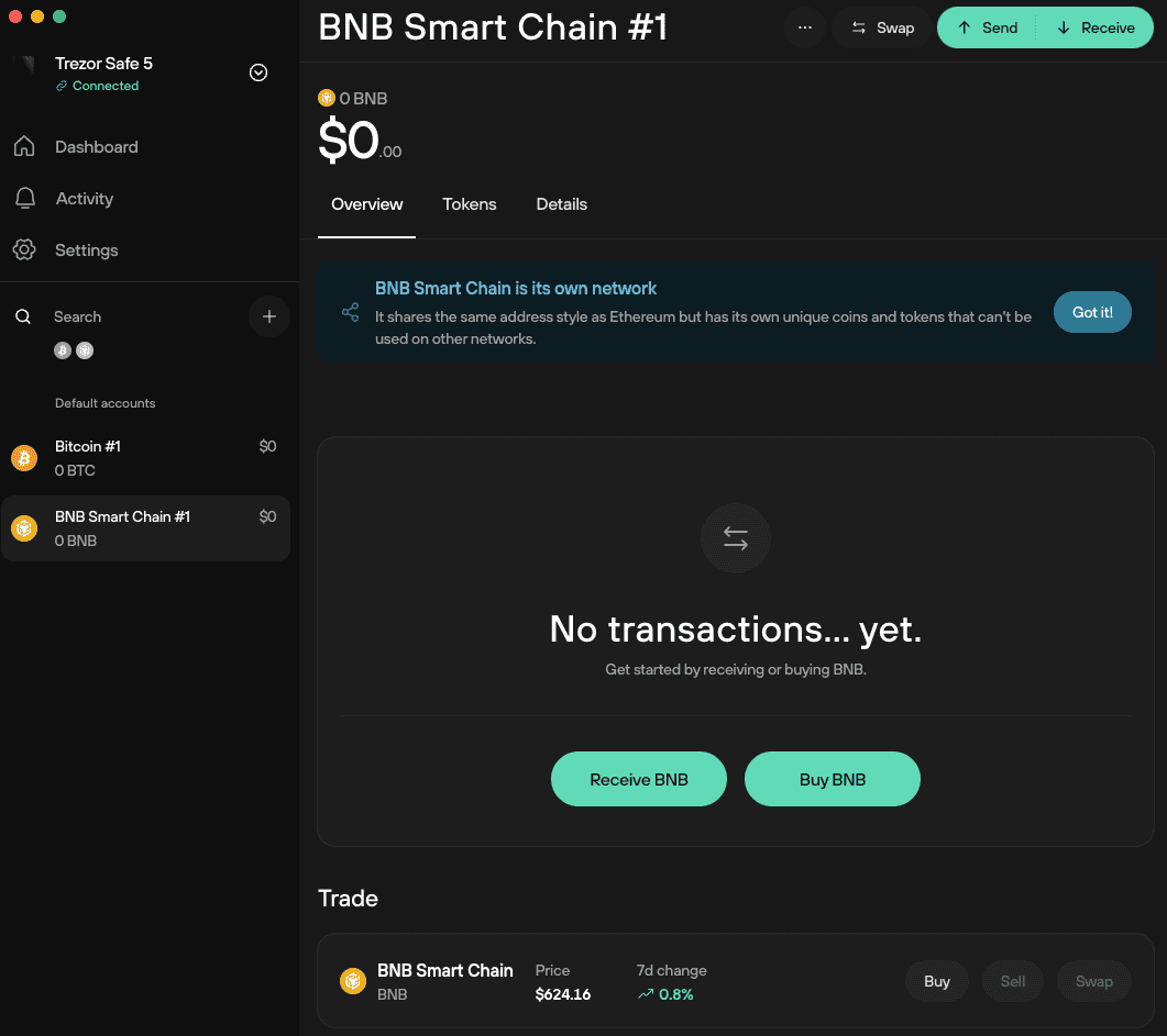Nhấn Find my BNB Smart Chain accounts để Trezor Suite t&igrave;m kiếm t&agrave;i khoản