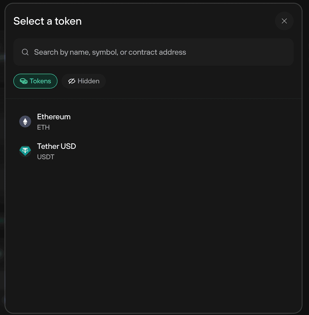 Mở danh s&aacute;ch Token Selection để chọn loại t&agrave;i sản muốn chuyển