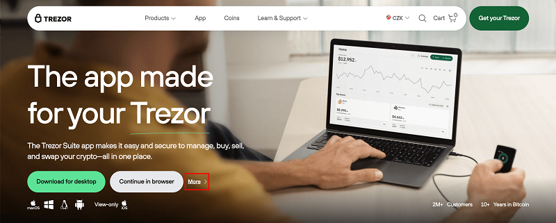 Tr&ecirc;n trang tải xuống Trezor Suite, nhấn th&ecirc;mđể xem tất cả c&aacute;c g&oacute;i c&agrave;i đặt