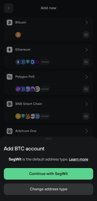 Nhấn tiếp tục với SegWit để sử dụng loại mặc định