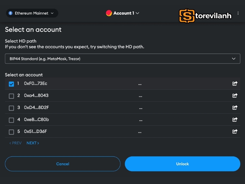 Chọn đ&uacute;ng t&agrave;i khoản Ethereum đ&atilde; tạo trước đ&oacute; tr&ecirc;n Trezor, nhấn &ldquo;Mở kh&oacute;a&rdquo; để ho&agrave;n tất qu&aacute; tr&igrave;nh kết nối