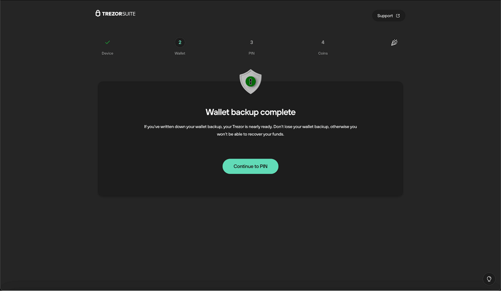 Tại giao diện Wallet backup complete, chọn &ldquo;Continue to PIN&rdquo;